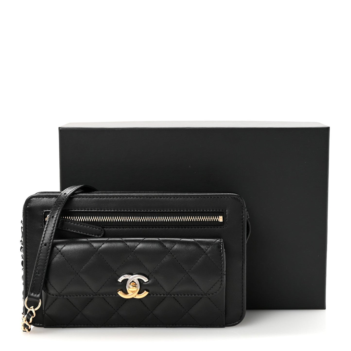 Lambskin Quilted Front Pocket Clutch With Chain Black
