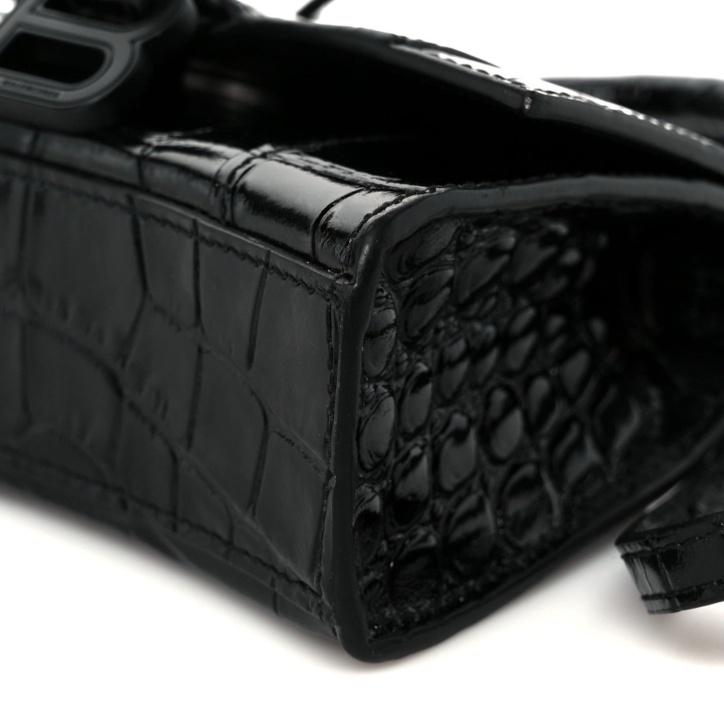 Shiny Calfskin Monochrome Crocodile Embossed Hourglass Top Handle Bag Mini Black