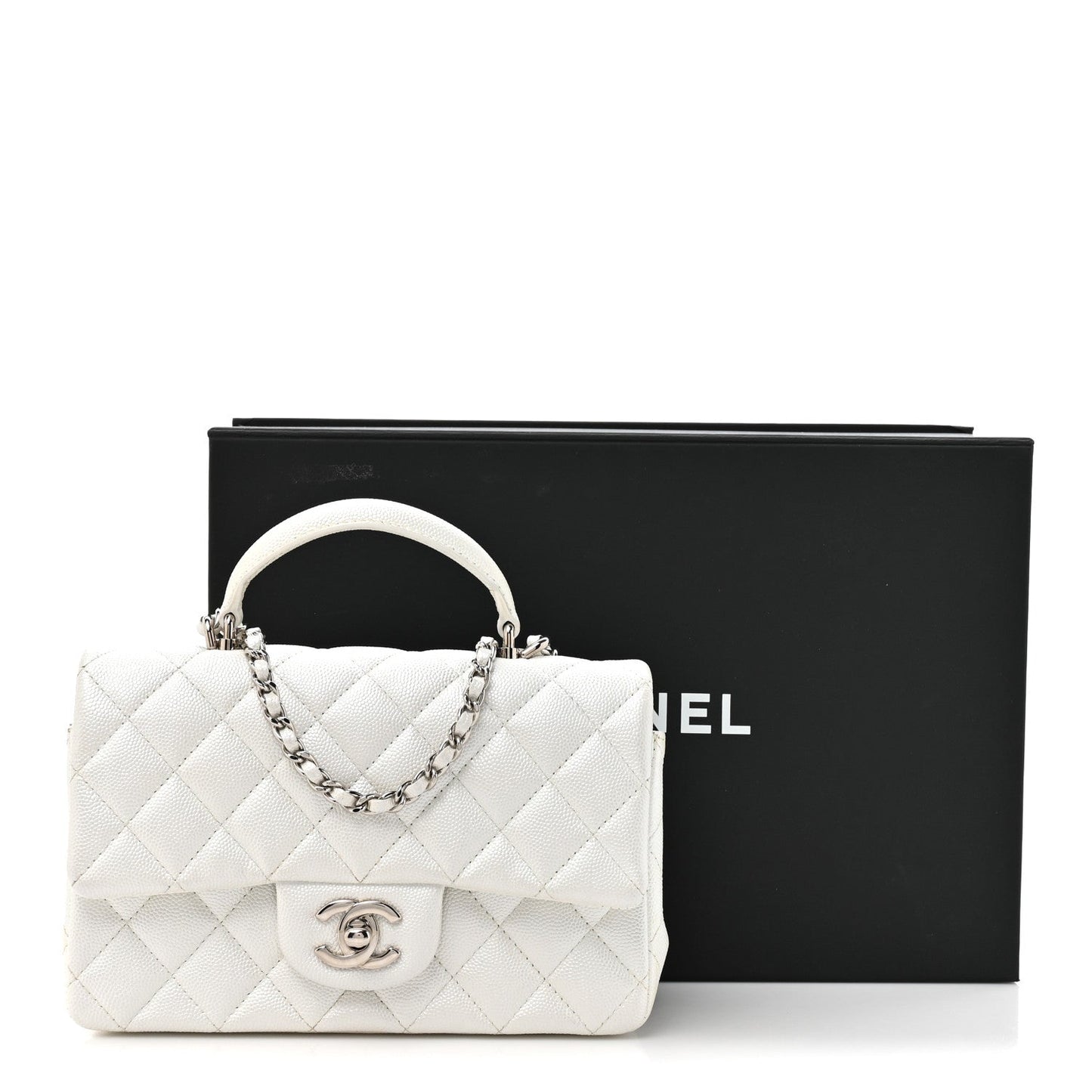 Metallic Caviar Quilted Mini Top Handle Rectangular Flap White