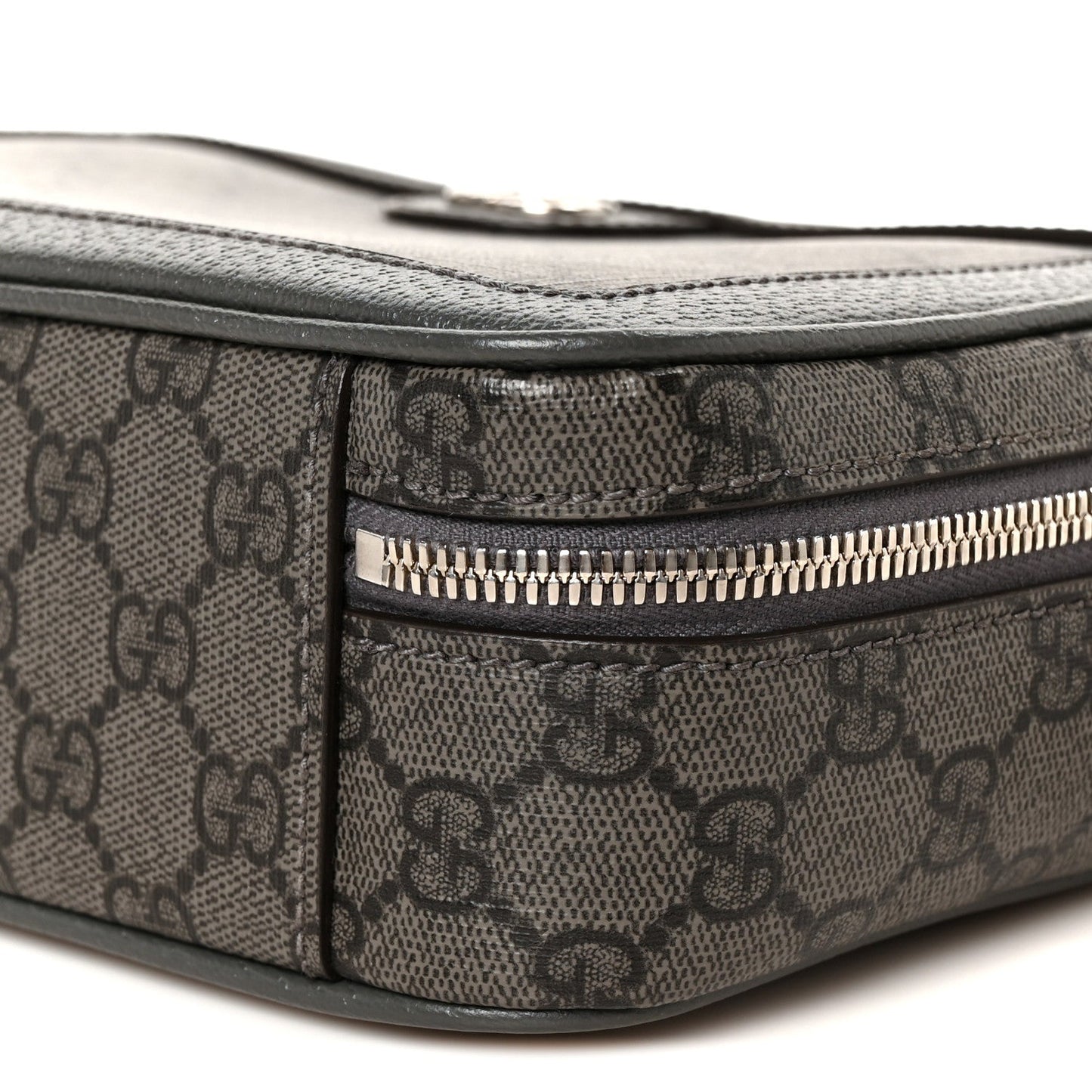GG Supreme Monogram Textured Dollar Calfskin Small Ophidia Top Handle Shoulder Bag Grey Black Graphite Grey