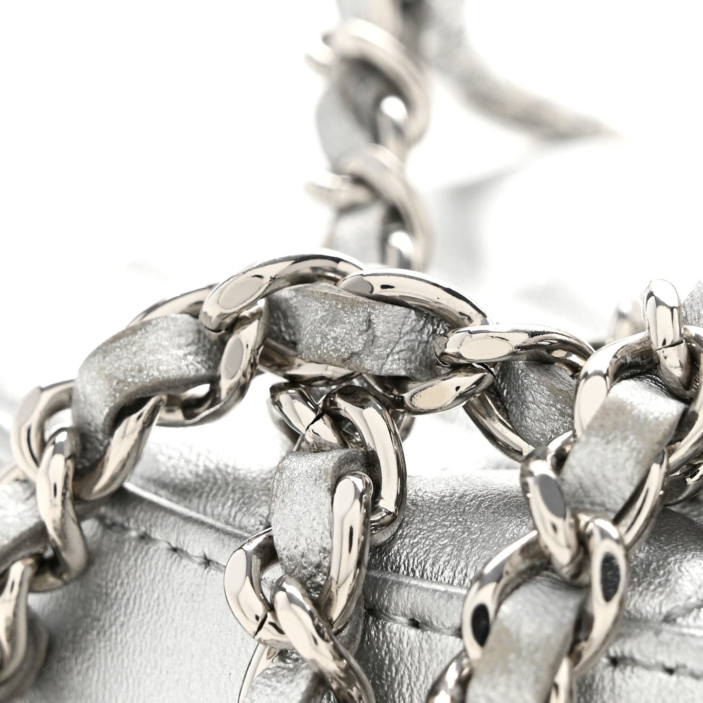 Metallic Calfskin Quilted Round Bracelet Clutch With Chain Silver