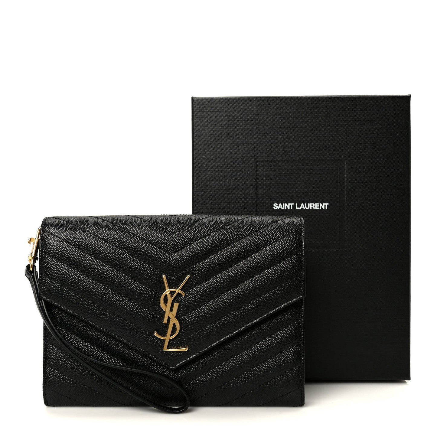 Grain De Poudre Matelasse Chevron Monogram Cassandre Flap Pouch Black
