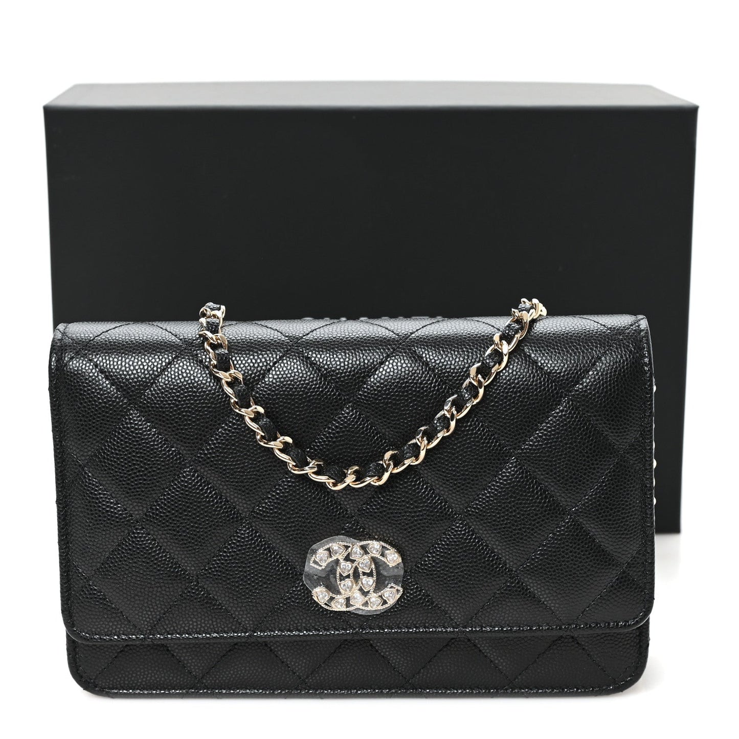 Caviar Quilted Crystal Heart CC Wallet On Chain WOC Black