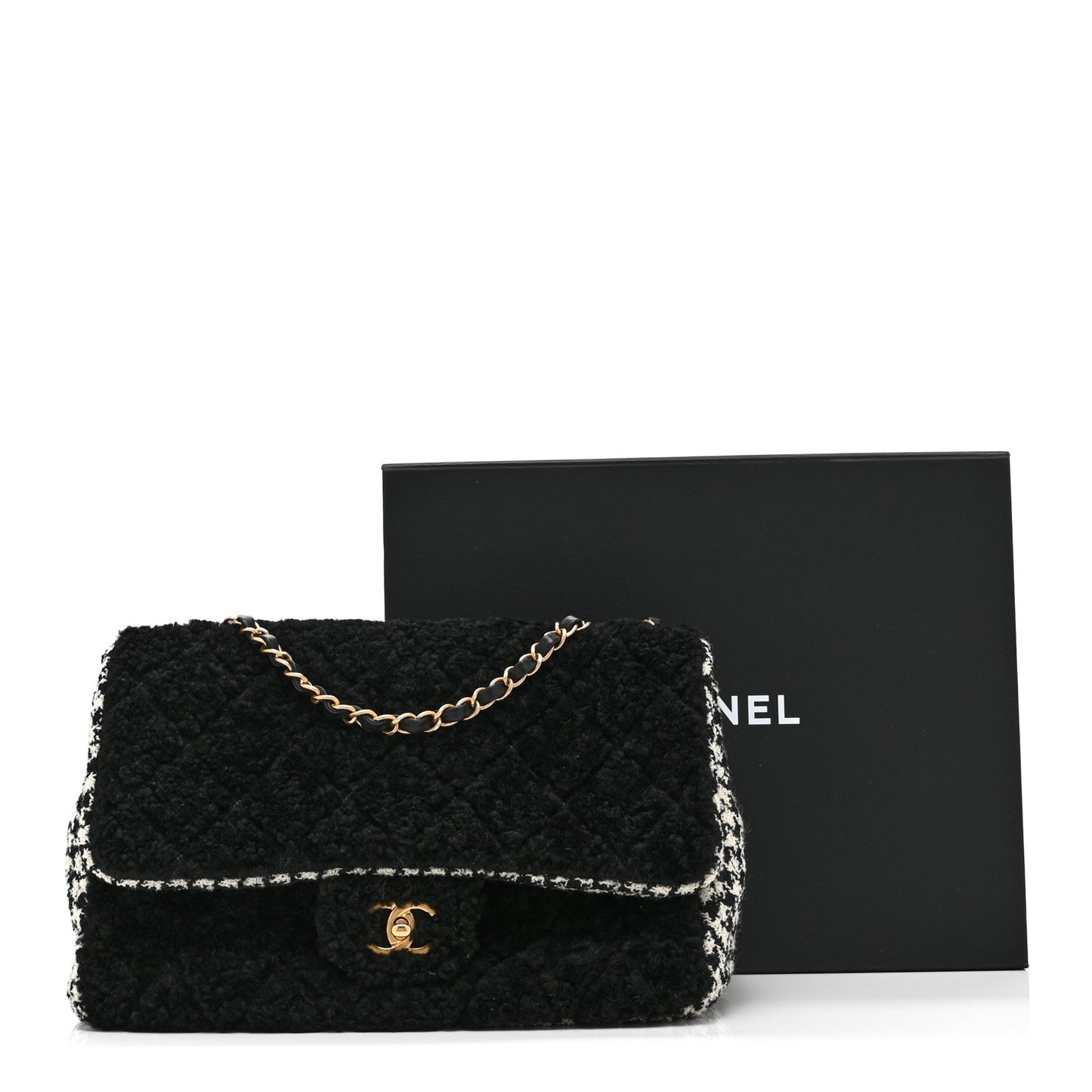 Shearling Tweed Jumbo Single Flap Black White