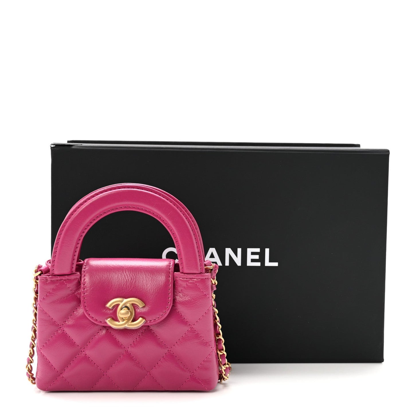 Shiny Aged Calfskin Quilted Mini Nano Kelly Shopper Dark Pink