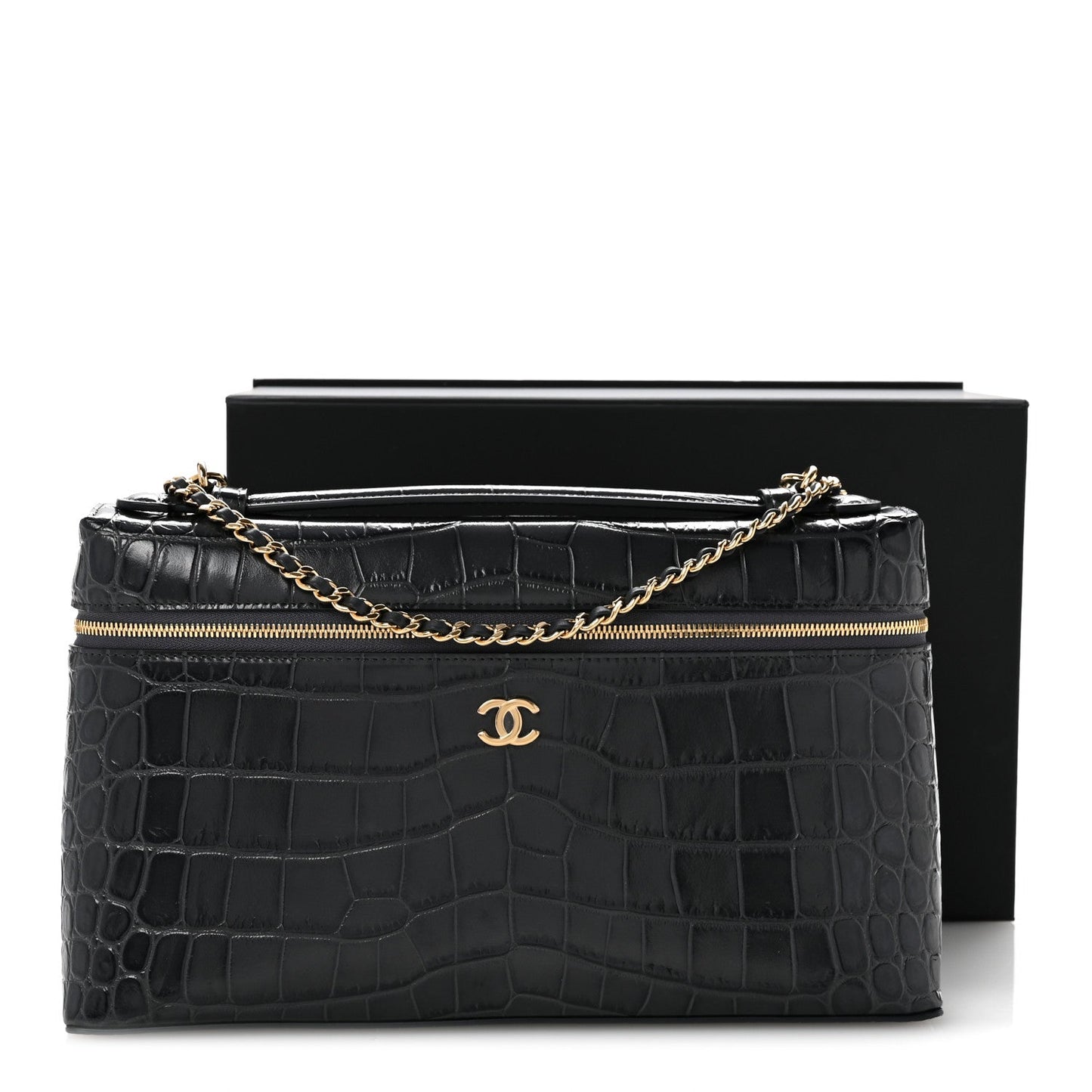 Calfskin Crocodile Embossed Large Top Handle Slim Vanity Case With Chain Grey