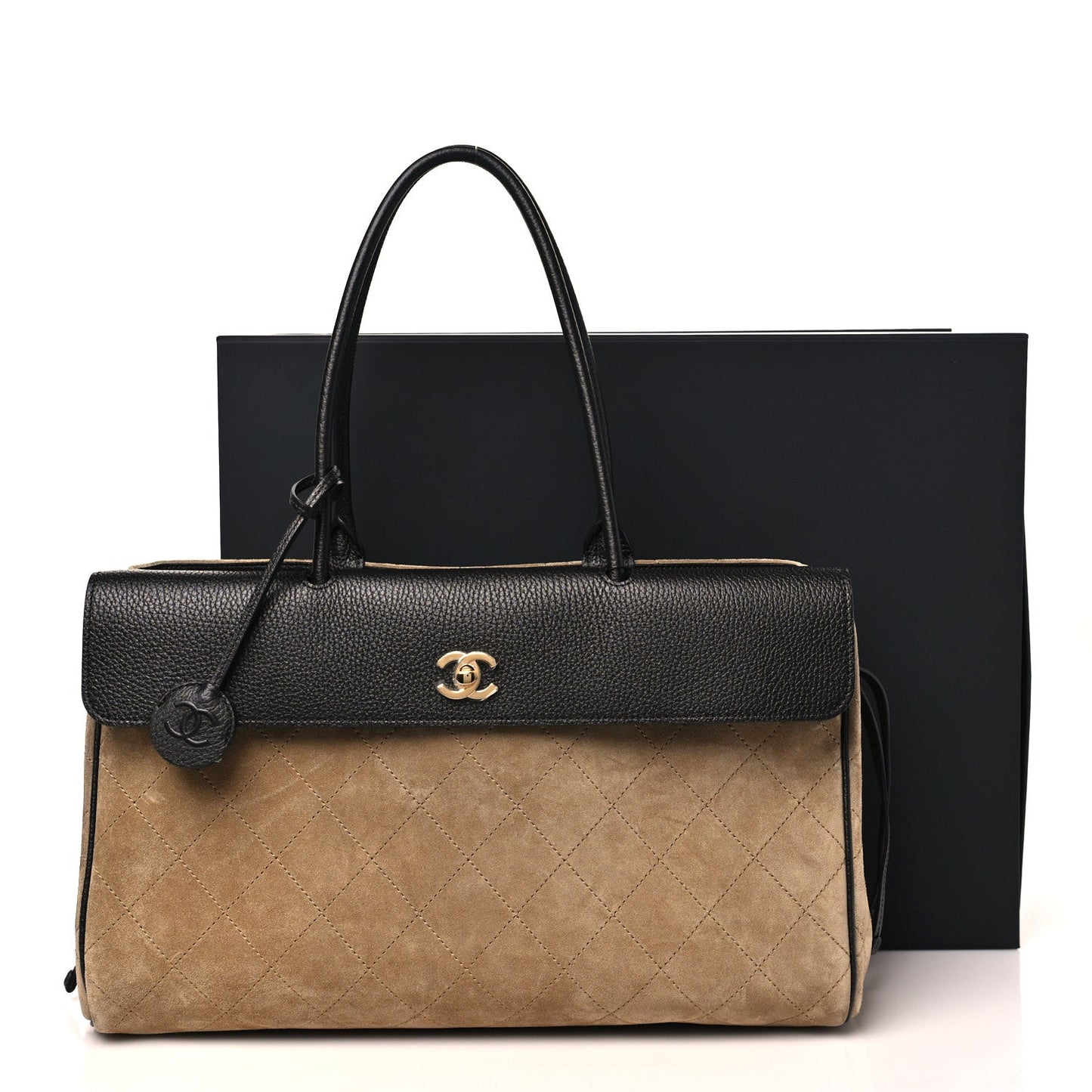Grained Calfskin Suede Urban Essentials Large Shopping Bag Dark Beige Black