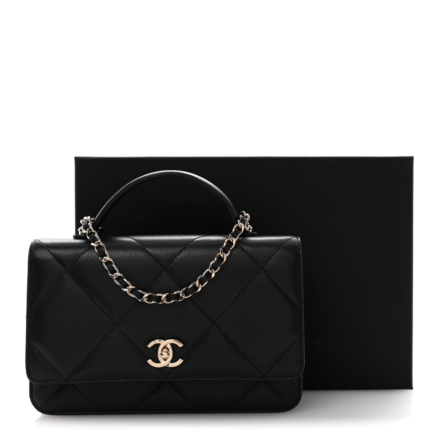 Shiny Caviar Quilted Turnlock Top Handle Wallet On Chain WOC Black