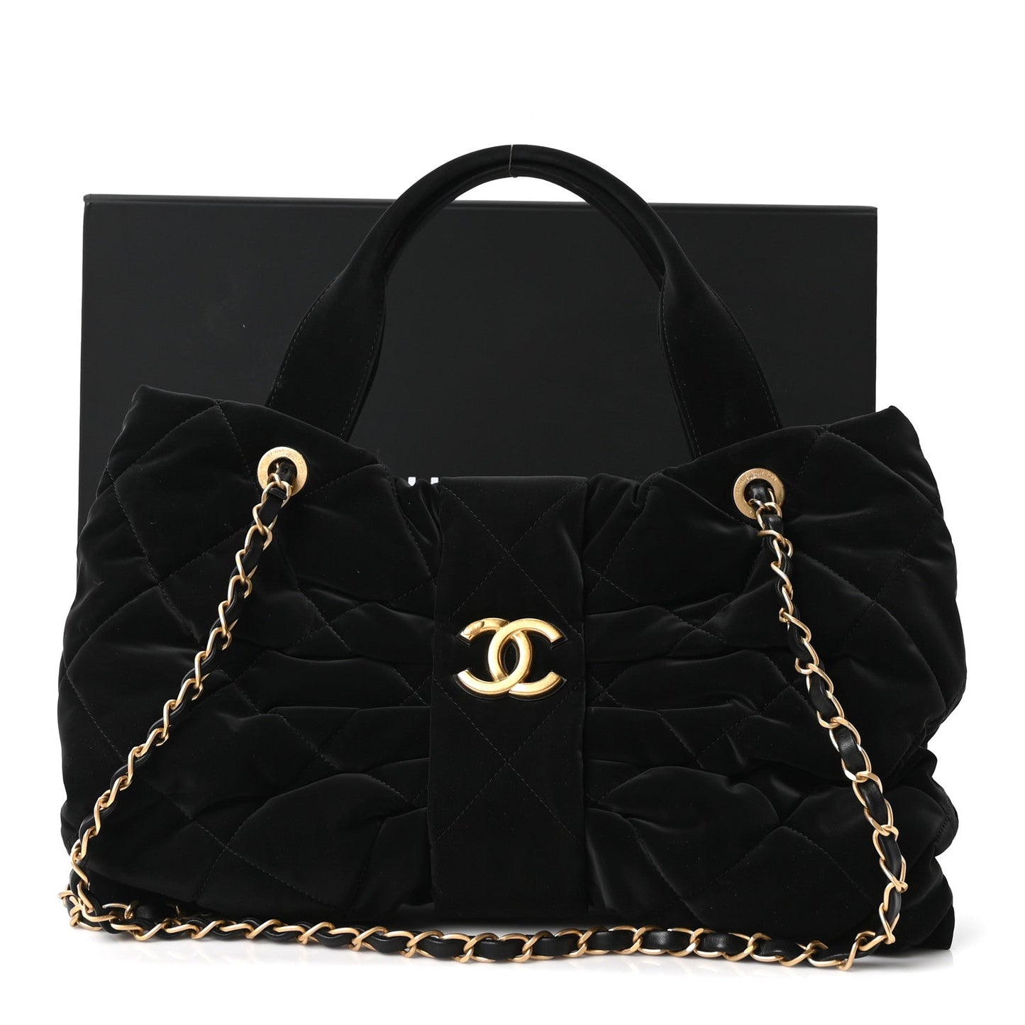 Velvet Effect Nylon Quilted Bow Bag Black