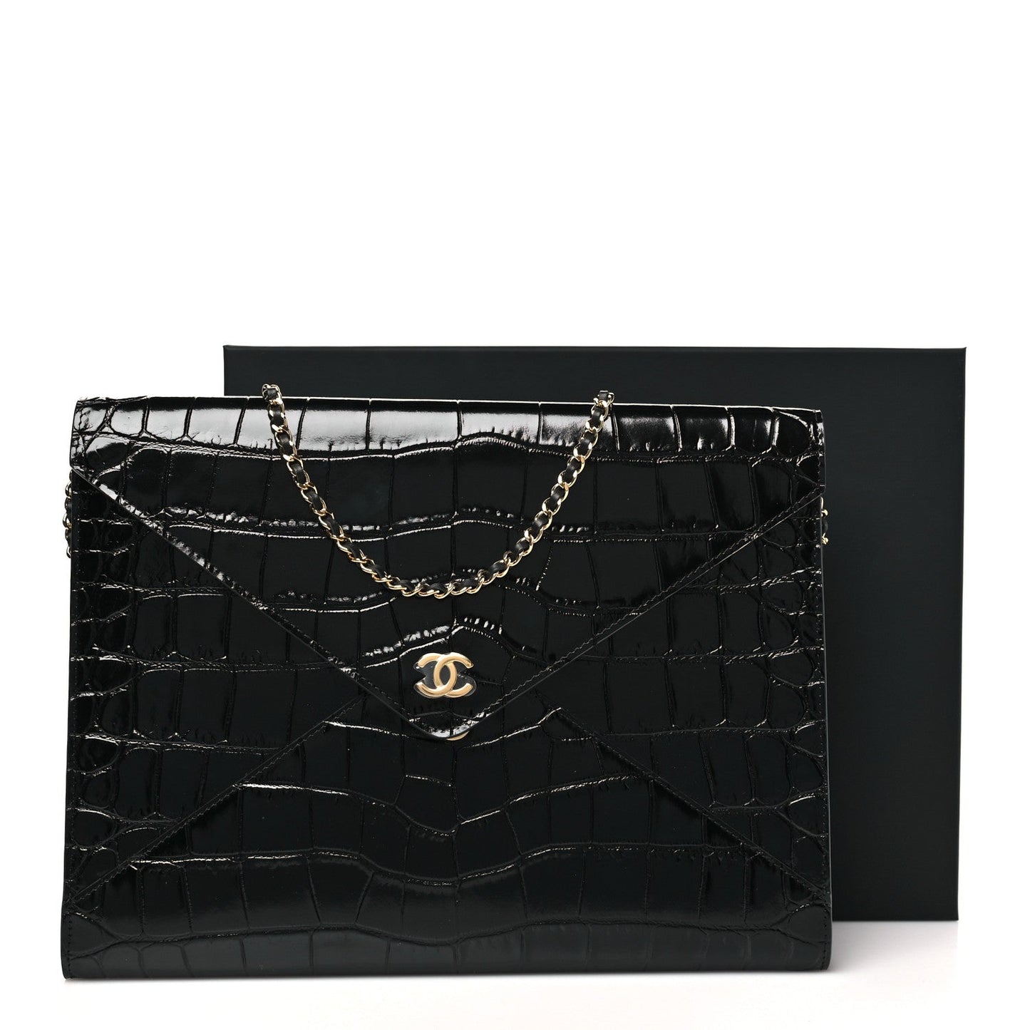 Calfskin Crocodile Embossed Croc Illusion Clutch With Chain Black