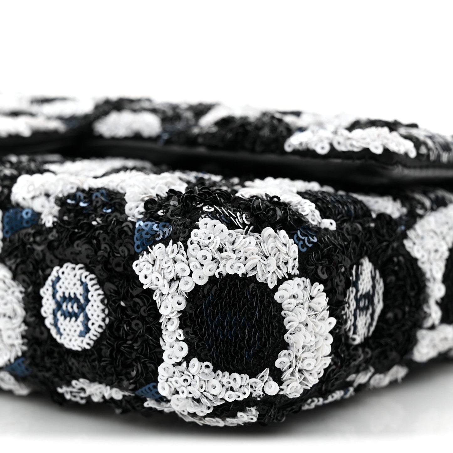 Satin Sequin Embellished Flower East West Flap Black White Blue