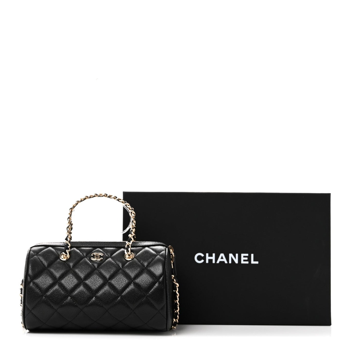 Caviar Quilted Barrel Clutch With Chain Black