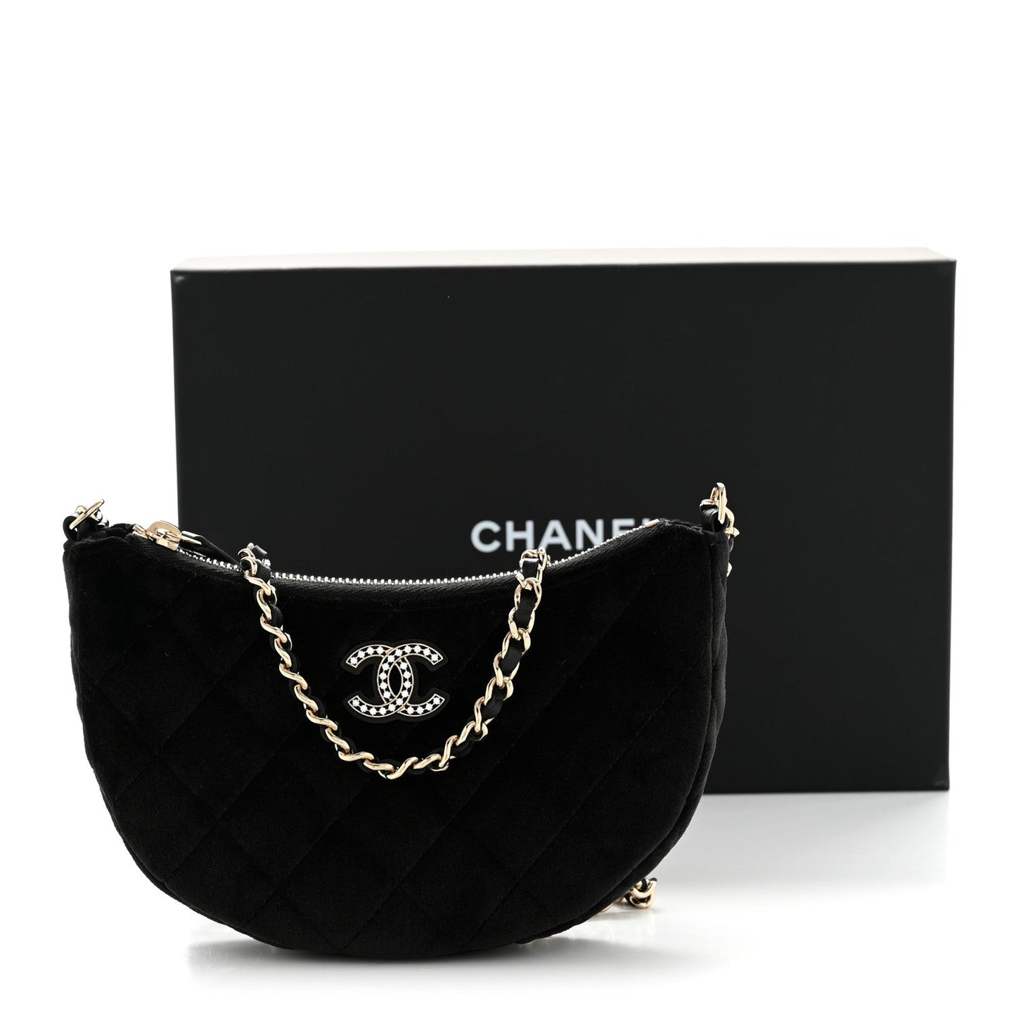 Velvet Crystal Quilted Chain Hobo Black