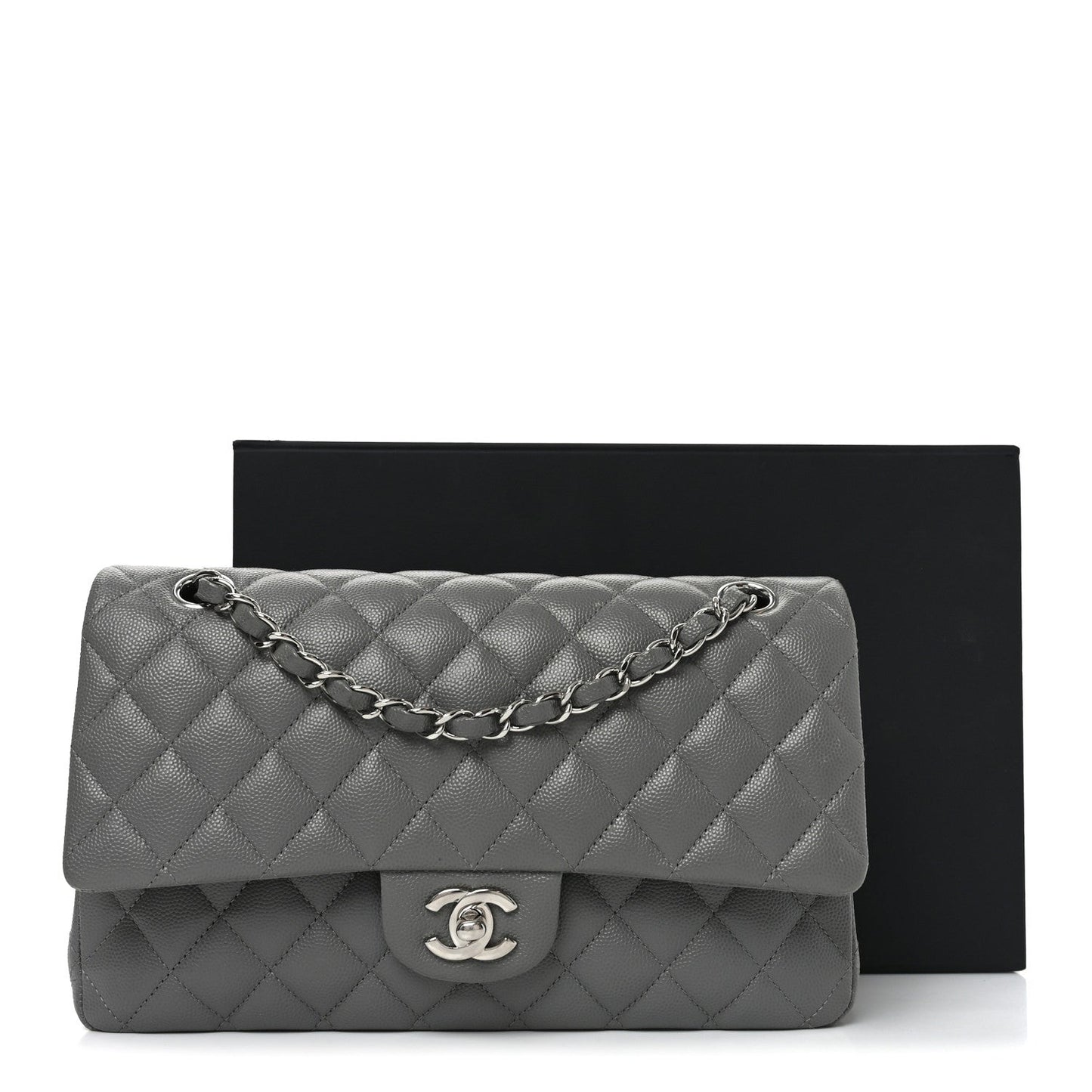 Caviar Quilted Medium Double Flap Grey