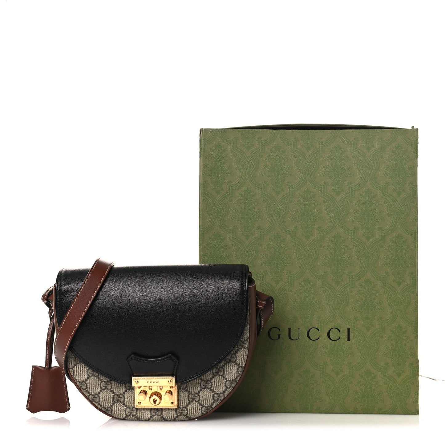 GG Supreme Monogram Calfskin Small Padlock Messenger Shoulder Bag Beige Black Cuir