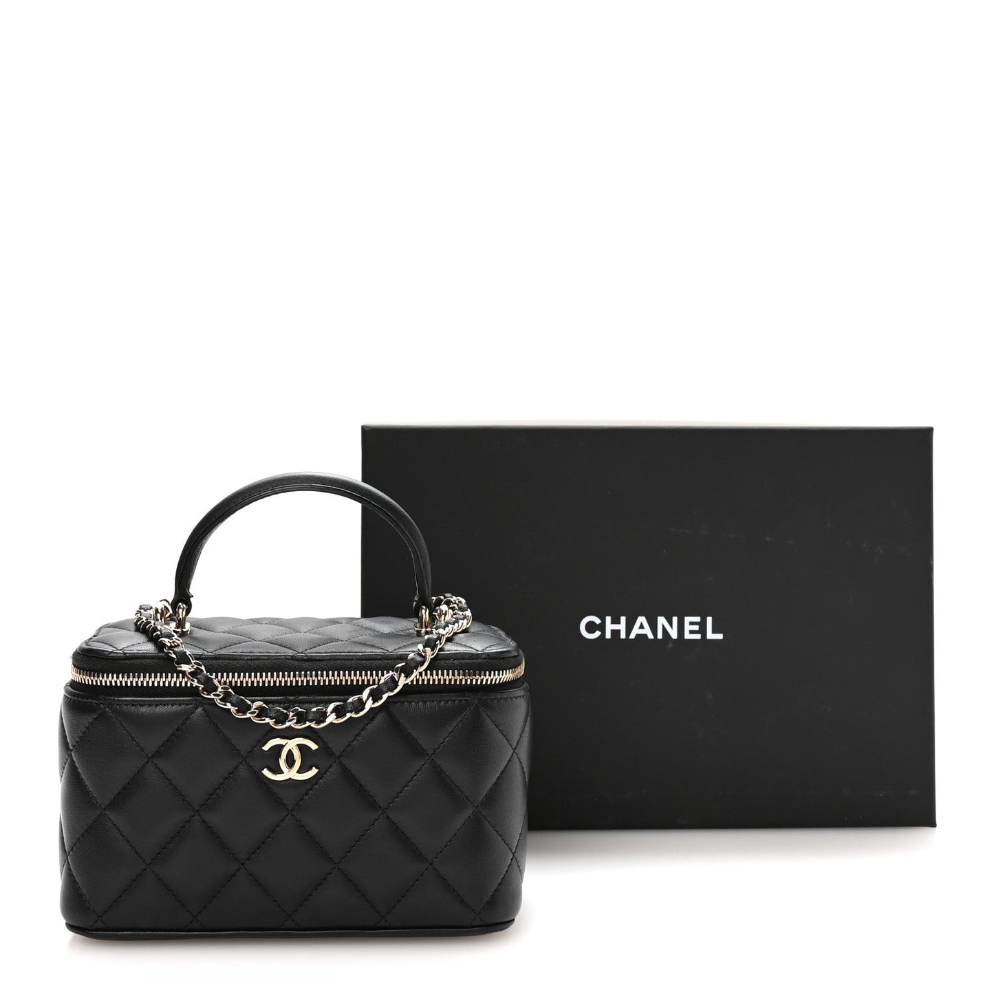 Lambskin Quilted Small Top Handle Vanity Case With Chain Black