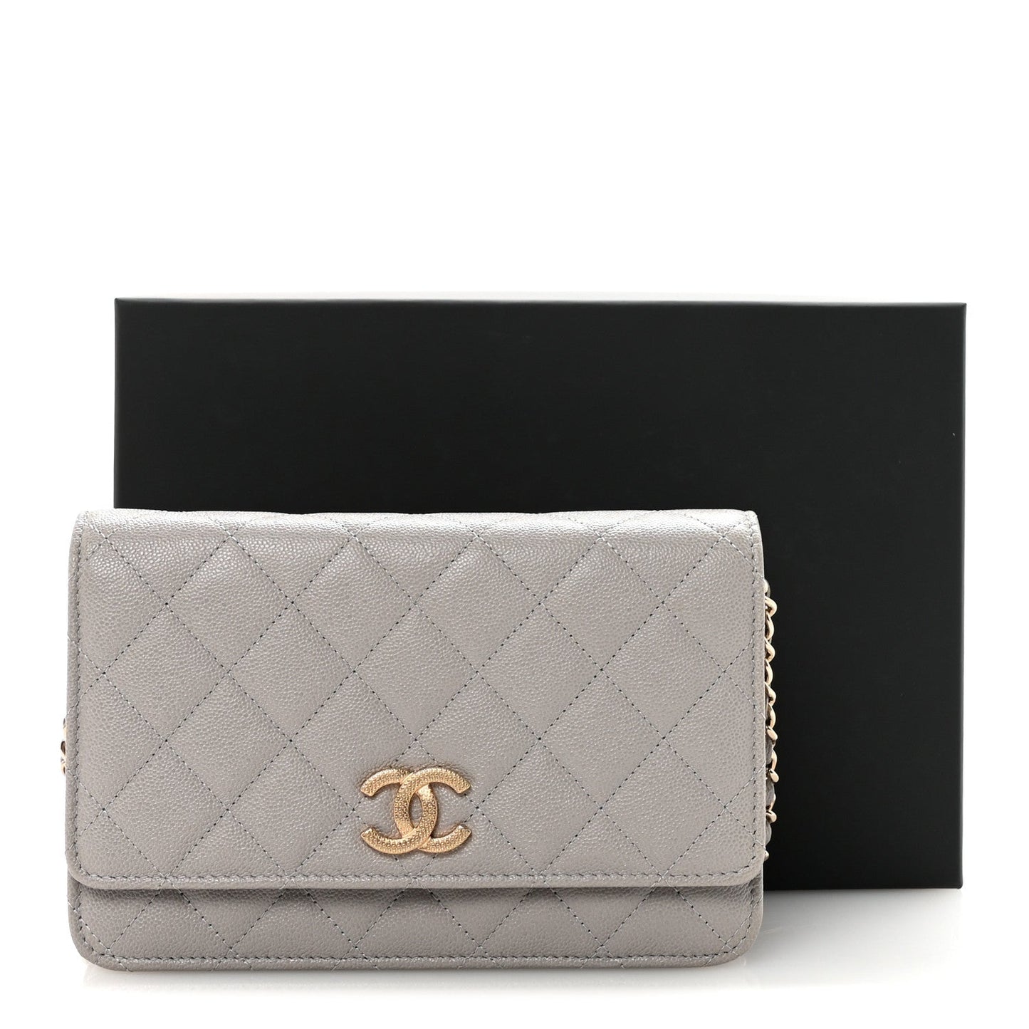Caviar Quilted Studded CC Wallet On Chain WOC Grey