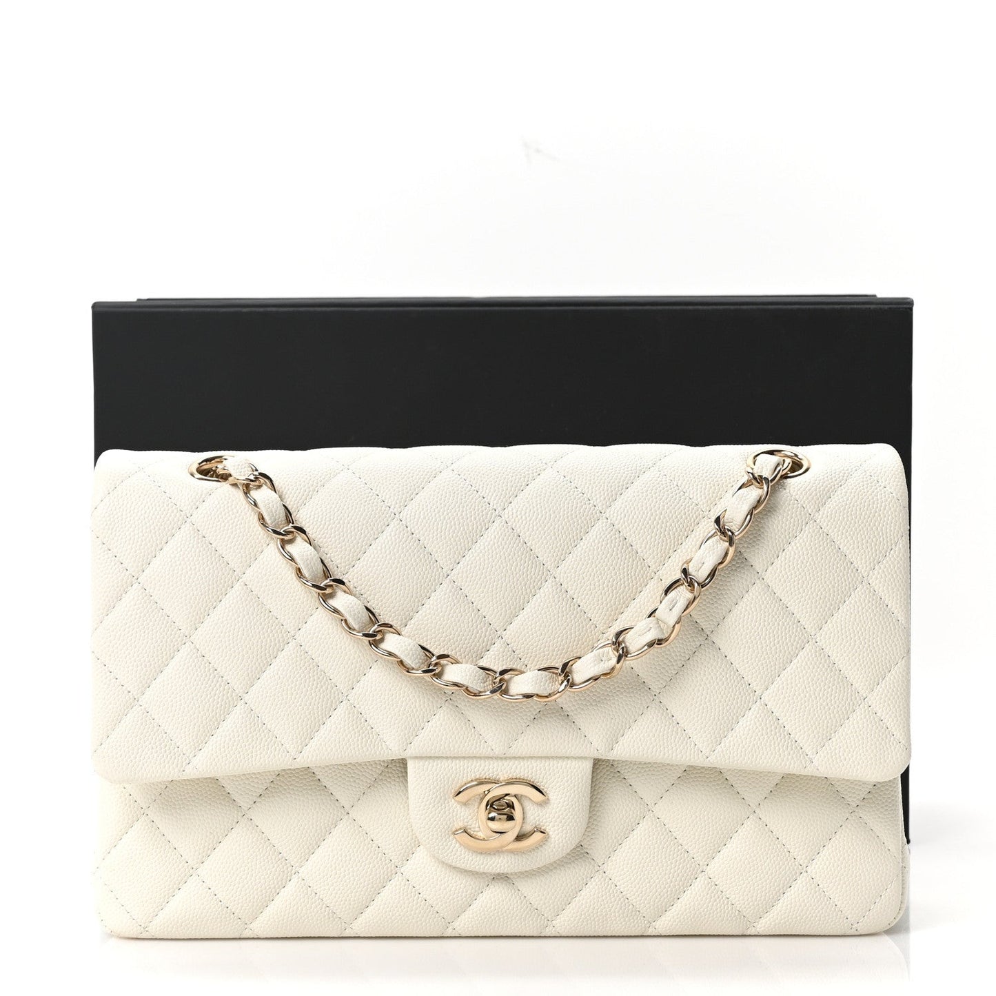 Caviar Quilted Medium Double Flap White