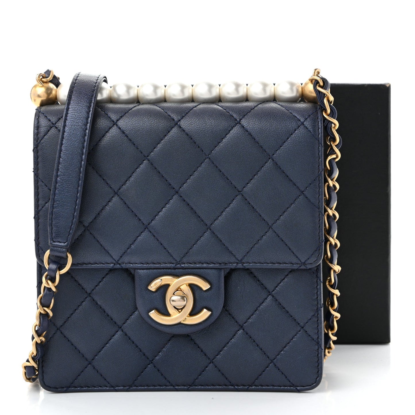 Iridescent Lambskin Quilted Chic Pearls Flap Navy Blue