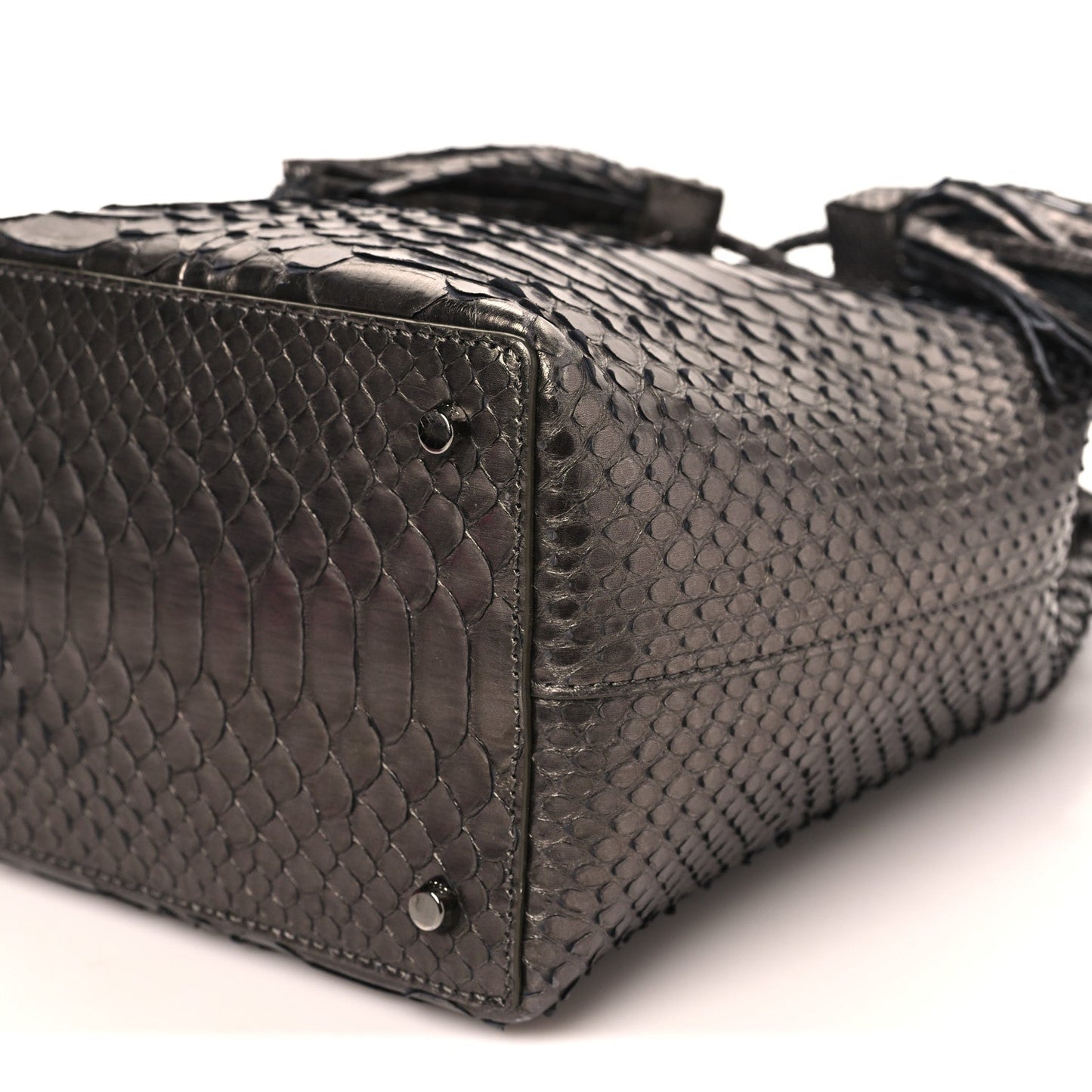 Metallic Snakeskin Small Double Tassel Bucket Bag Silver