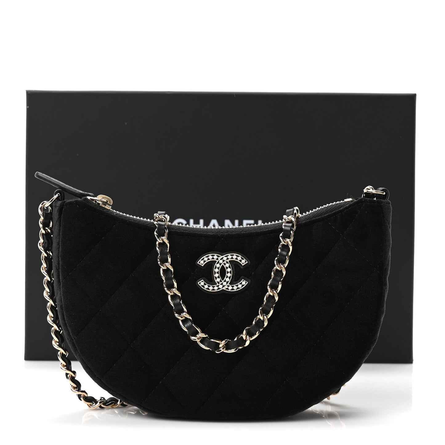 Velvet Crystal Quilted Chain Hobo Black