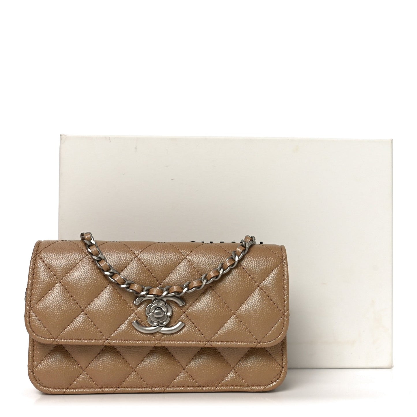 Iridescent Caviar Quilted Camellia Phone Holder With Chain Beige
