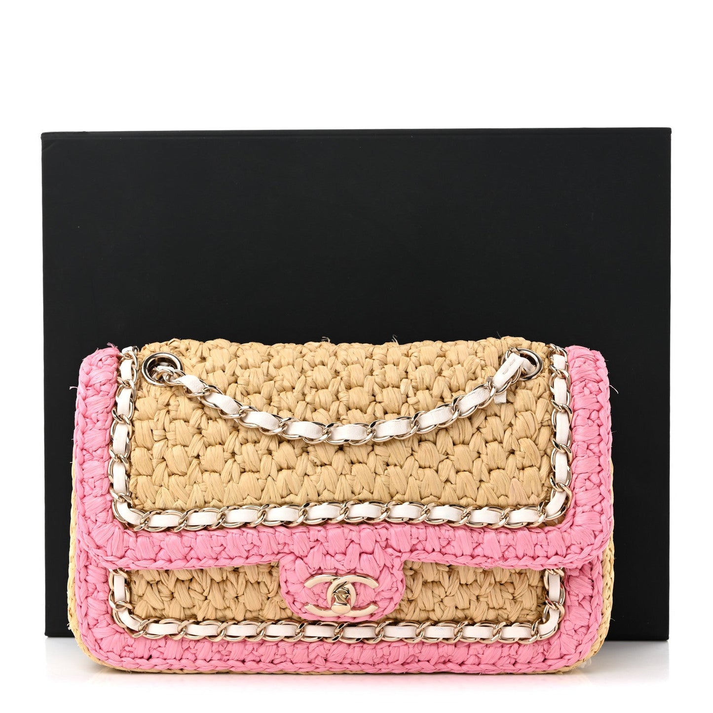 Raffia Chain Venice Beach Flap Bag Beige Pink