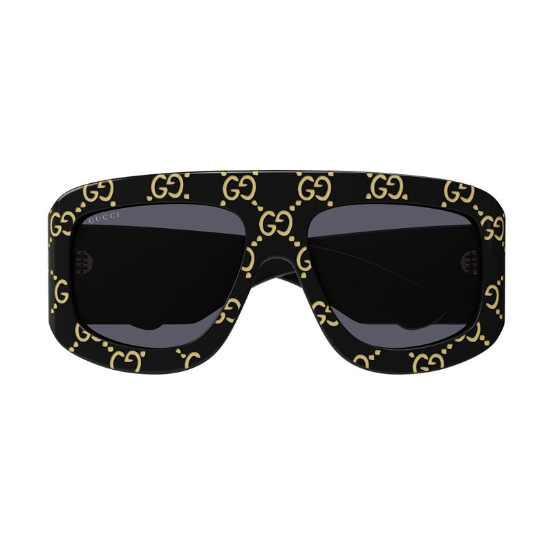 Gucci Sunglasses Square Full Rim, Black With Gold GG Pattern Frame and Grey Lens GG0983S004