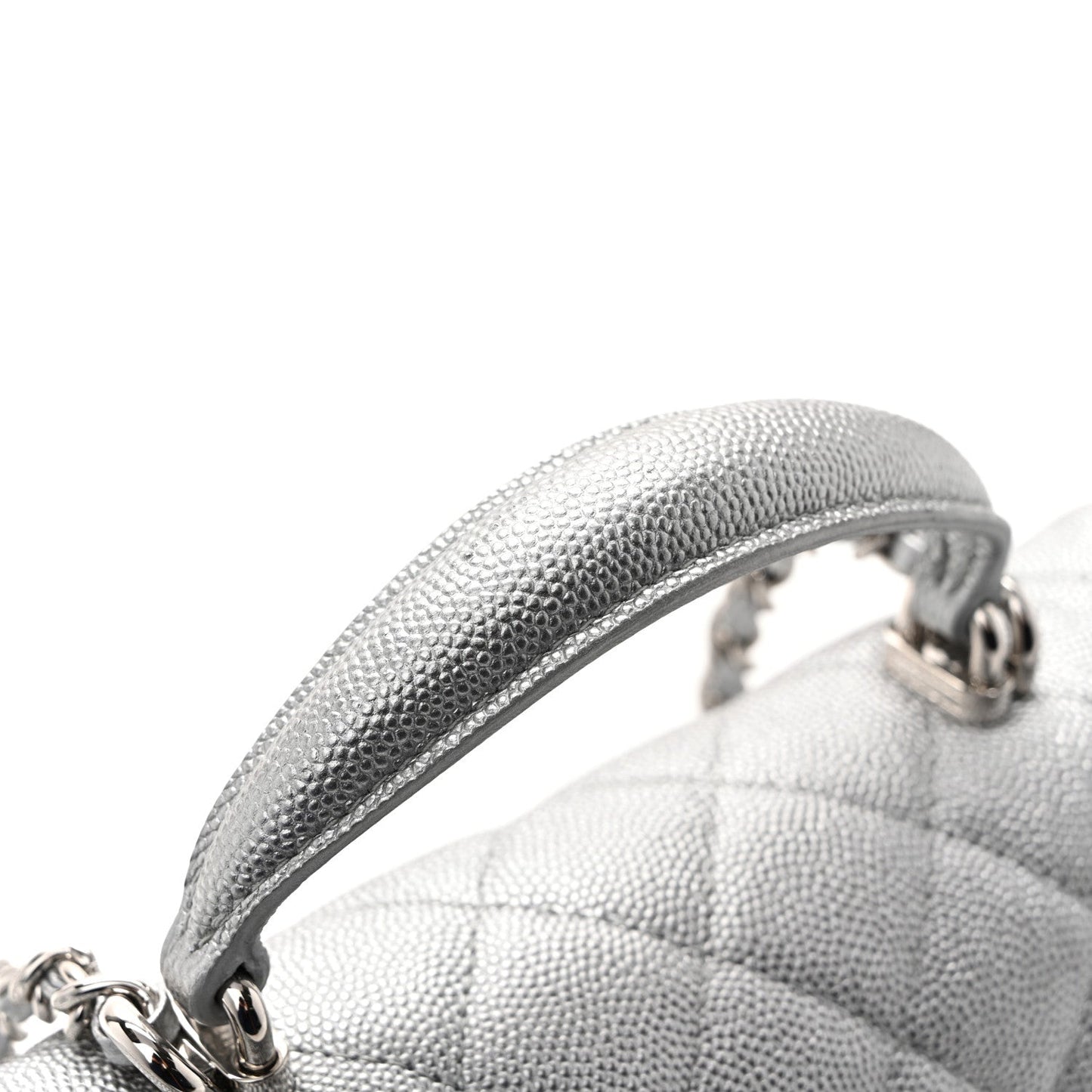 Metallic Caviar Quilted Mini Top Handle Rectangular Flap Silver