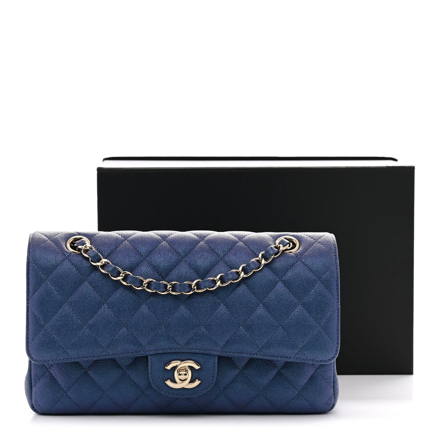 Iridescent Caviar Quilted Medium Double Flap Dark Blue