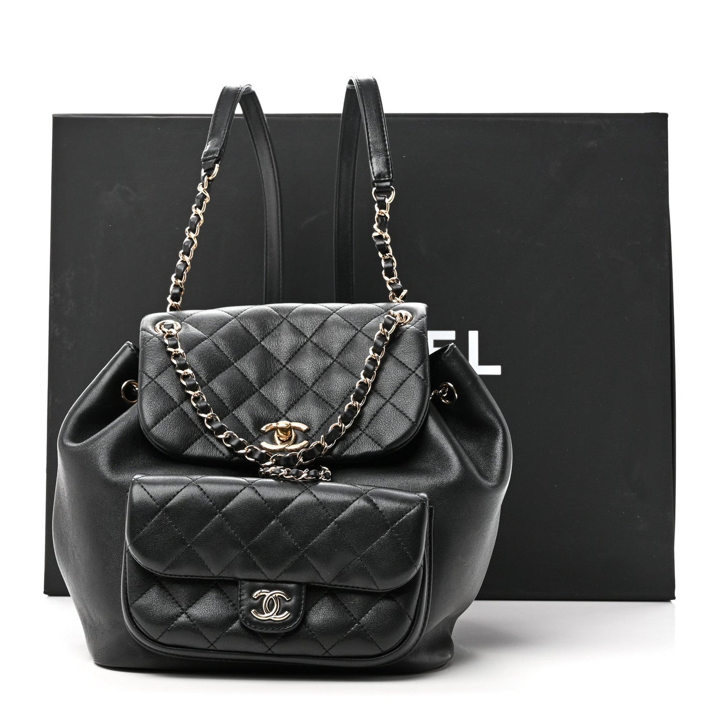 Lambskin Quilted Large Duma Drawstring Backpack Black