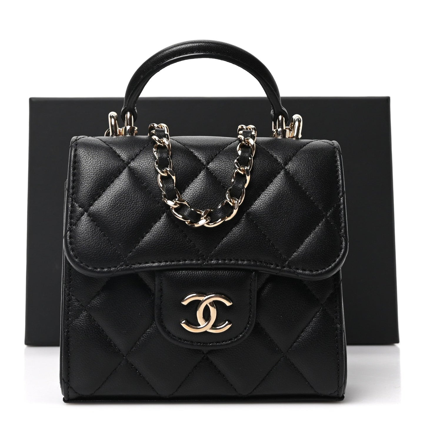 Lambskin Quilted Top Handle Flap Clutch With Chain Black