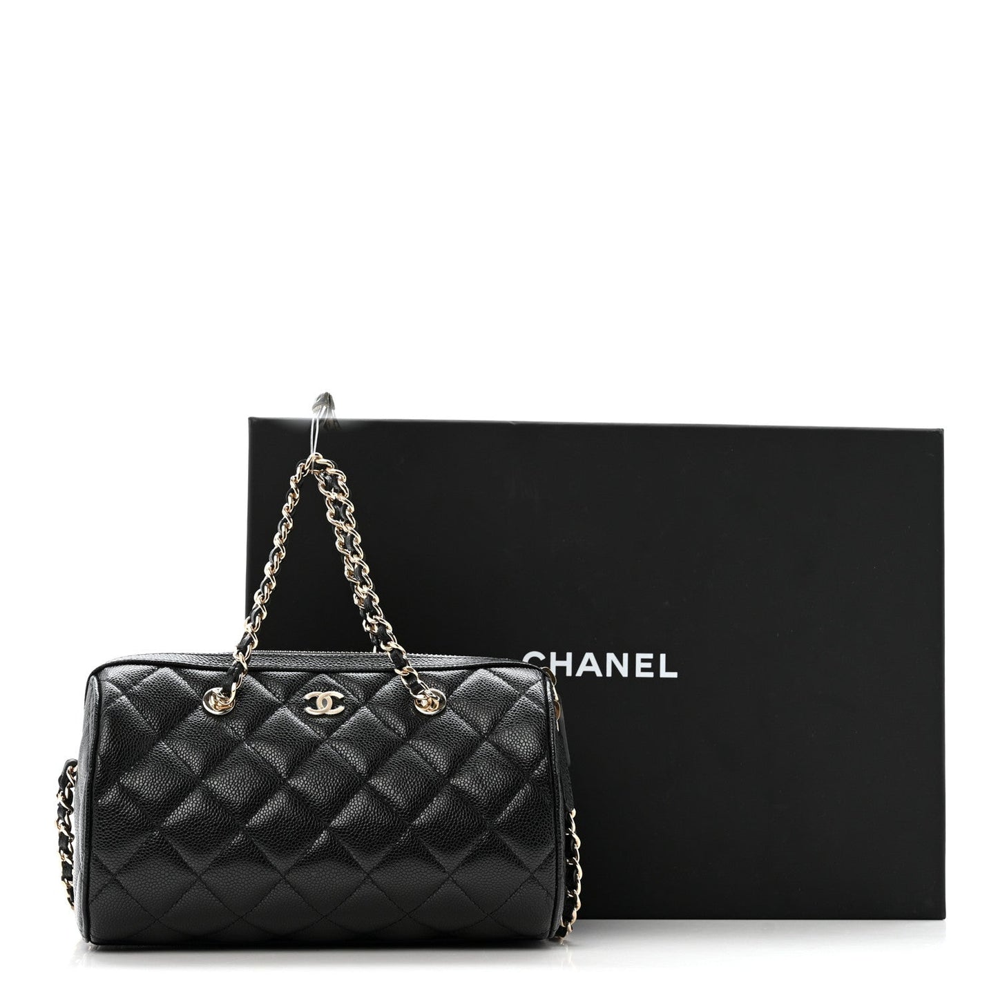 Caviar Quilted Barrel Clutch With Chain Black
