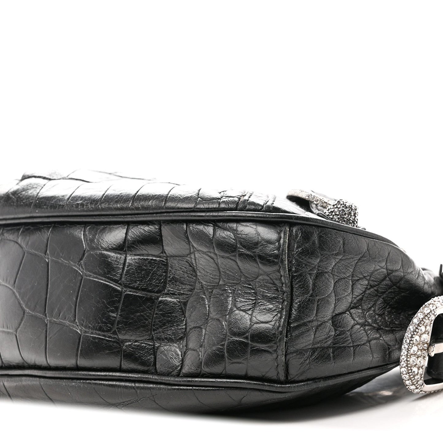 Extra Supple Calfskin Crystal Crocodile Embossed Le Cagole Shoulder Bag XS Black