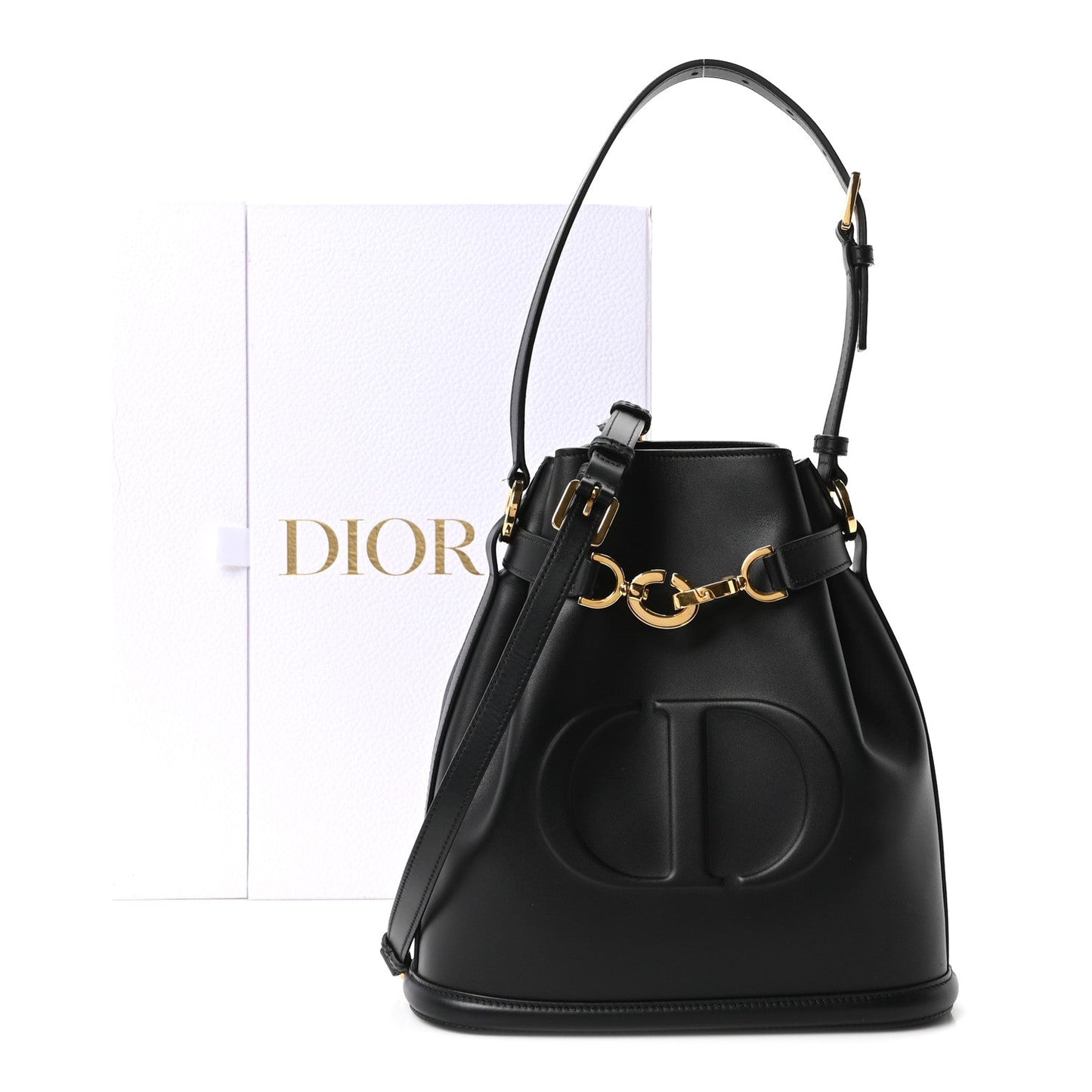 Calfskin CD Embossed Medium C'est Chain Bucket Bag Black