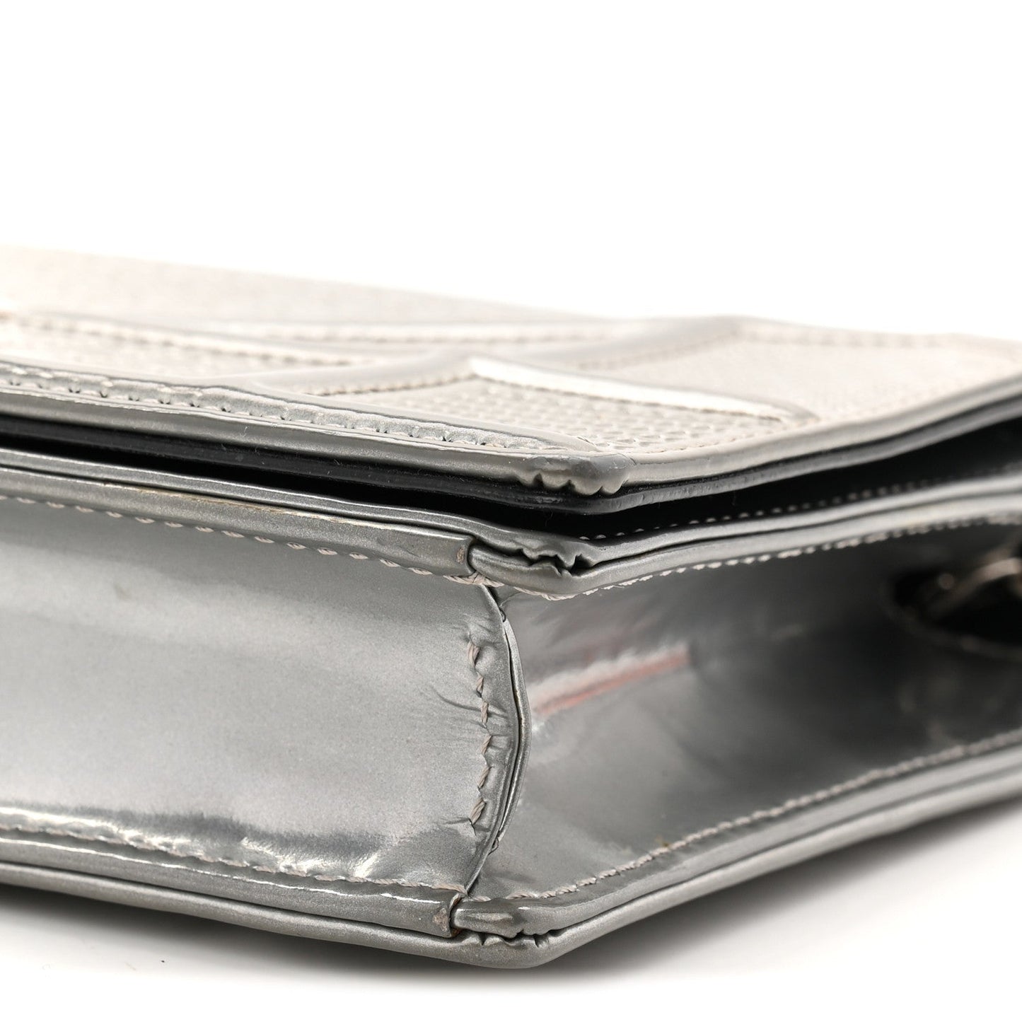 Metallic Patent Micro-Cannage Diorama Wallet on Chain Pouch Silver