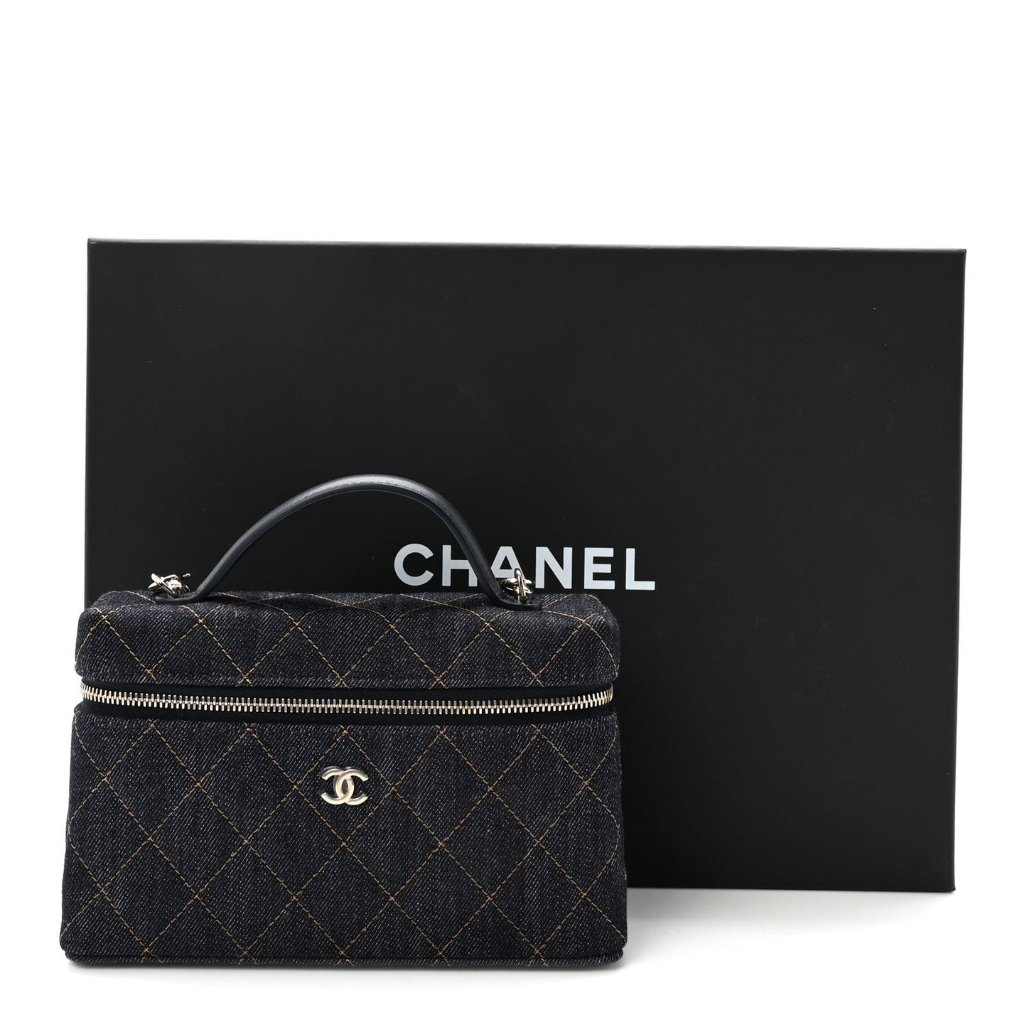 Denim Quilted Top Handle Slim Vanity Case With Chain Dark Blue Orange