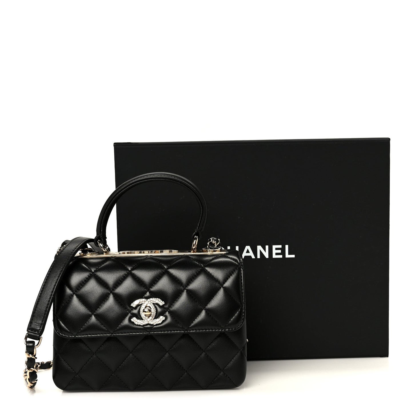 Lambskin Crystal Quilted Mini Trendy CC Dual Handle Flap Bag Black