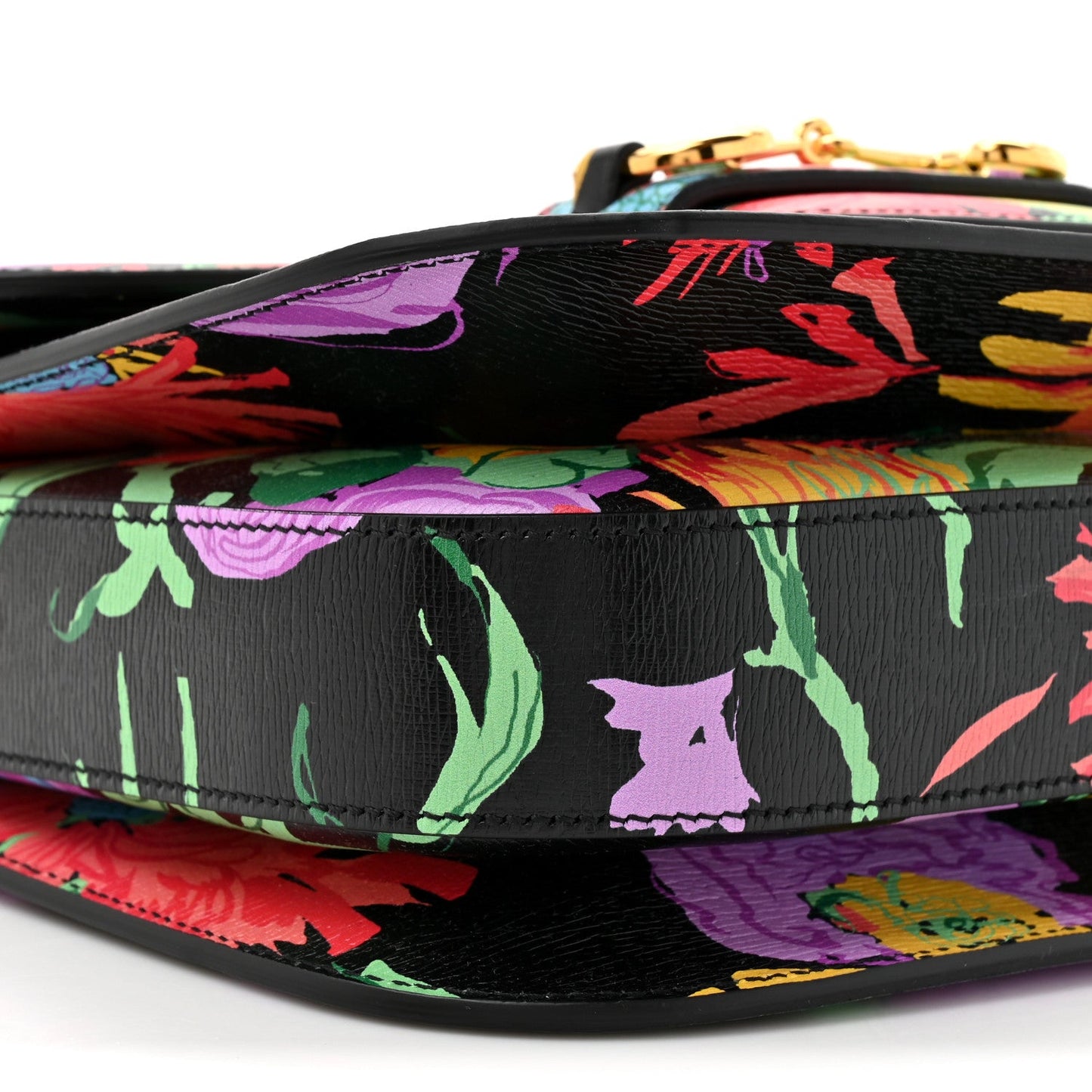 X KEN SCOTT New Shangai Calfskin Jenny Floral Print Horsebit 1955 Shoulder Bag Black Pink