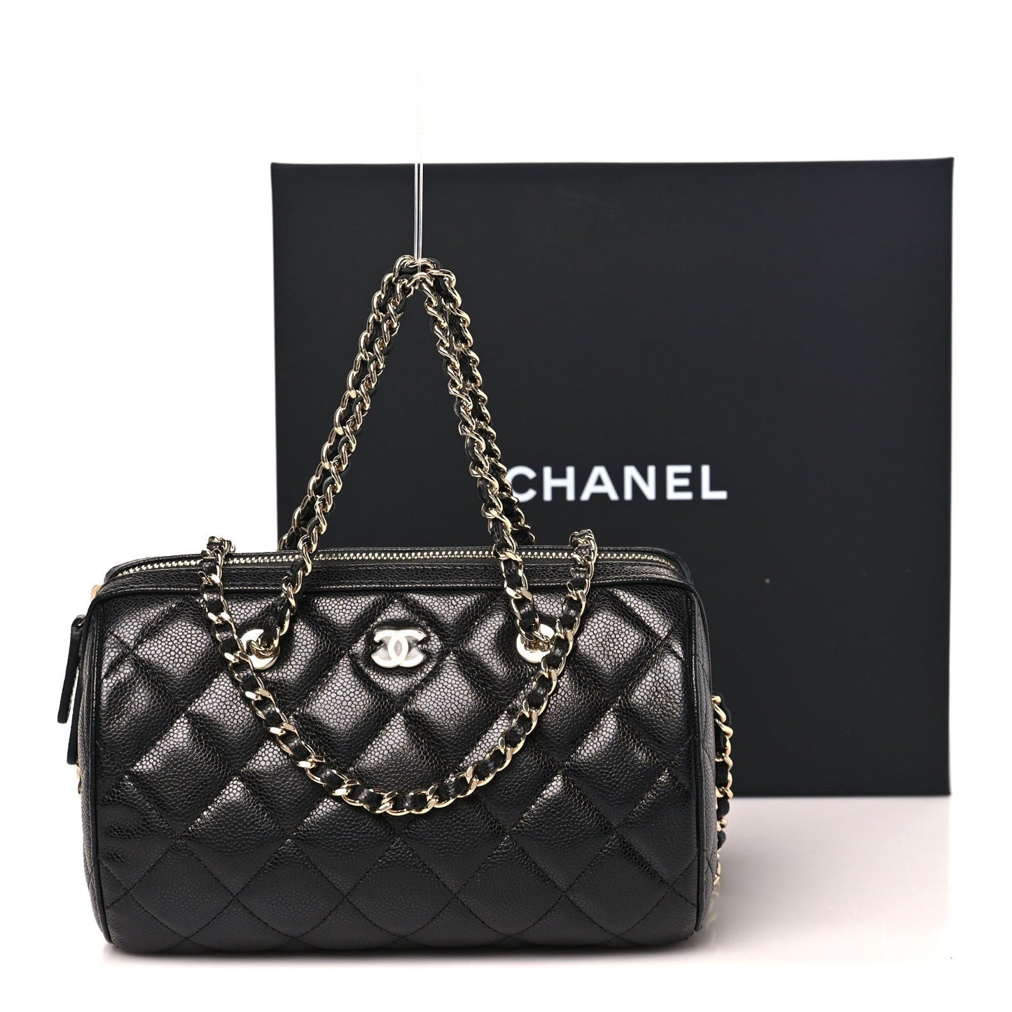 Caviar Quilted Barrel Clutch With Chain Black