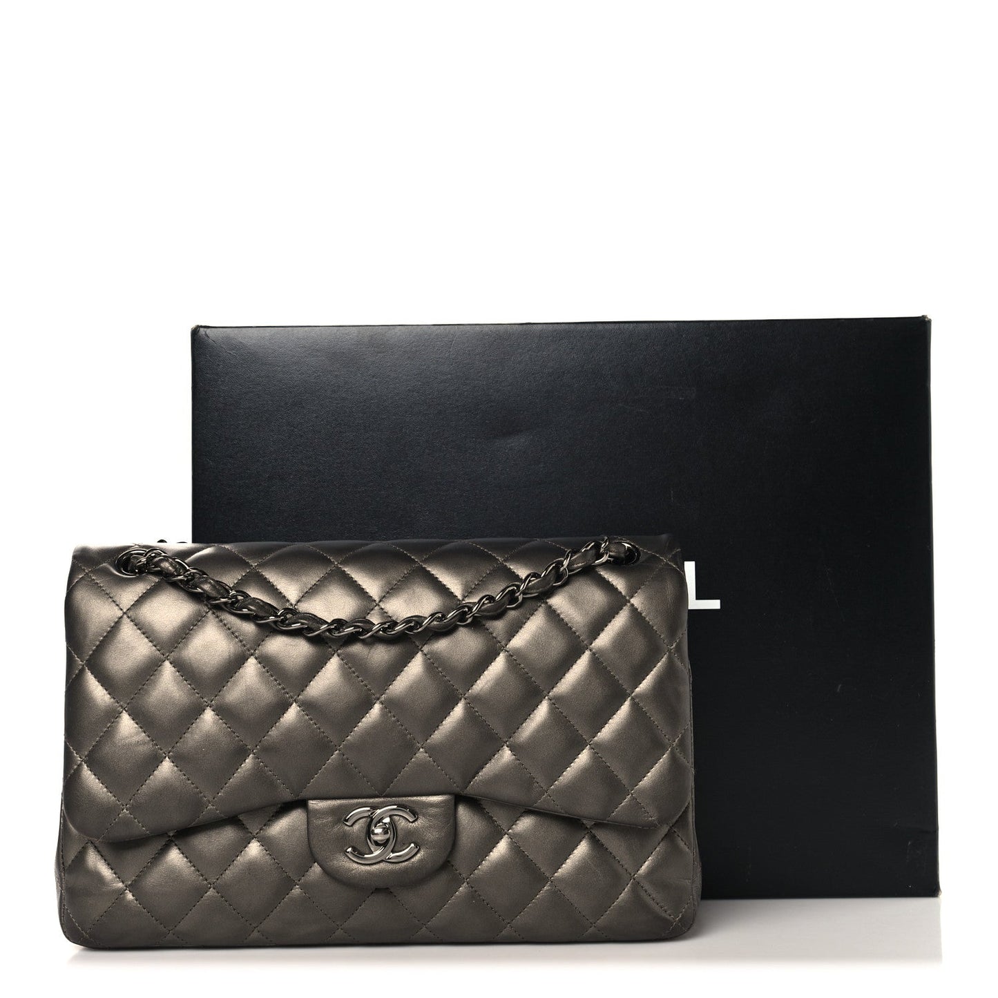 Metallic Lambskin Quilted Jumbo Double Flap Pewter