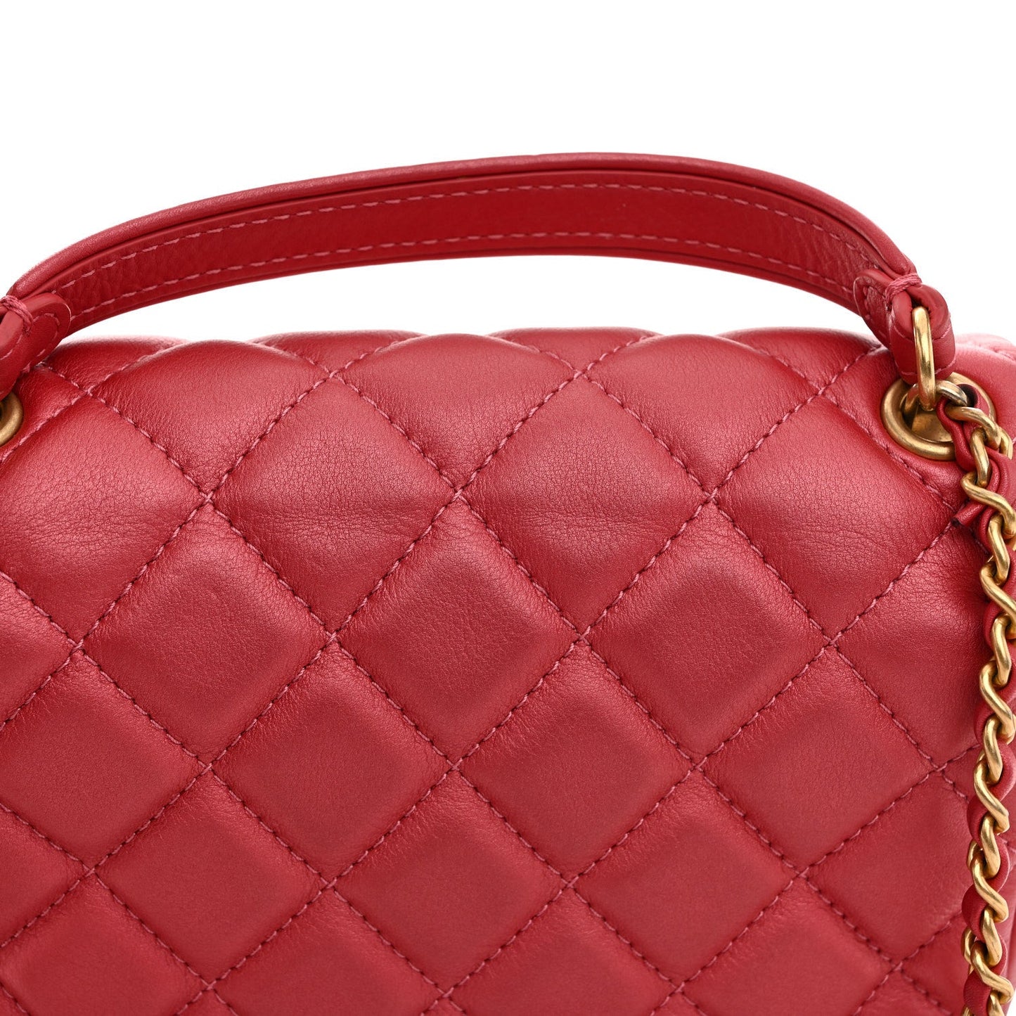 Metallic Calfskin Quilted Top Handle Flap Dark Pink