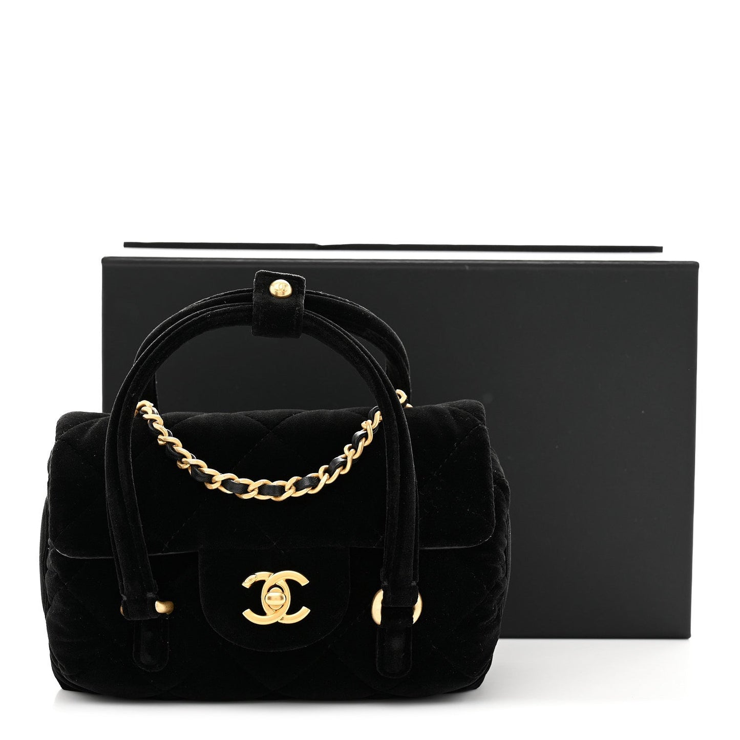 Velvet Quilted Mini Top Handle Flap Black