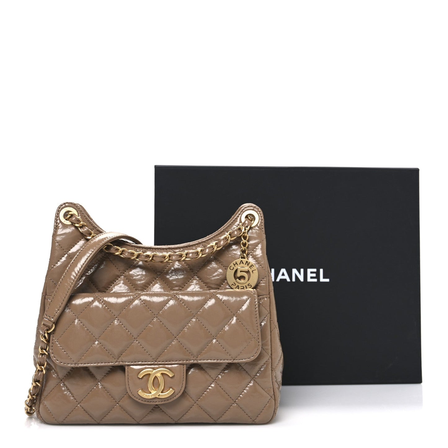 Shiny Crumpled Calfskin Quilted Wavy CC Hobo Dark Beige