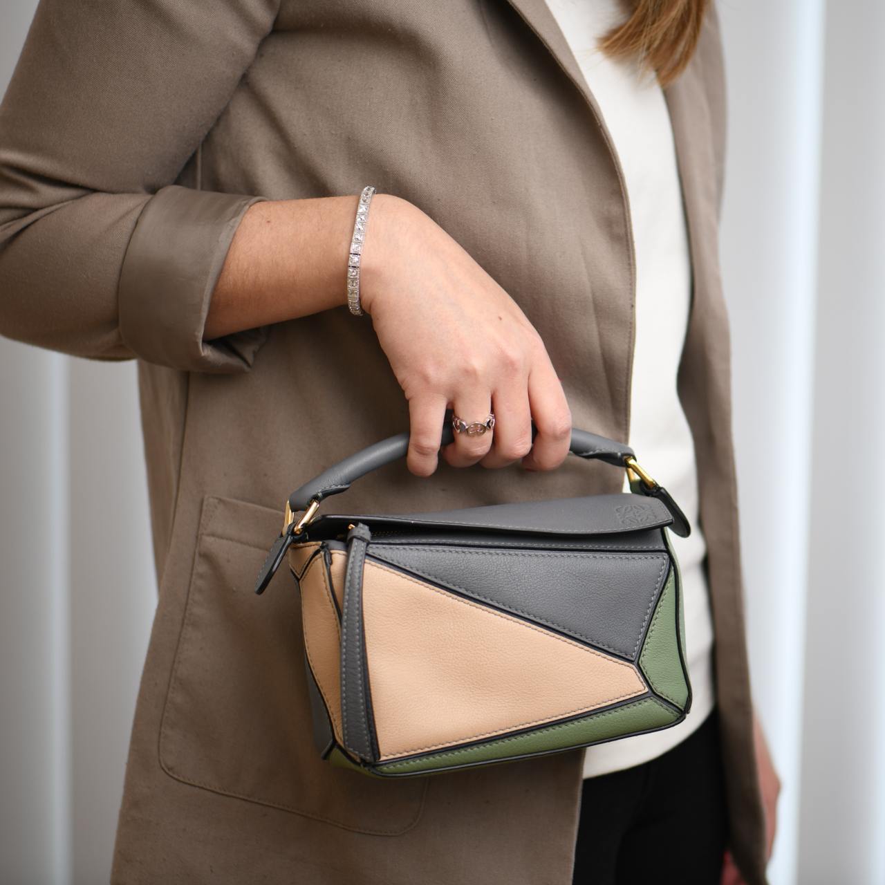 Loewe Puzzle Mini Asphalt Grey Nude Green Leather Shoulder Crossbody Bag