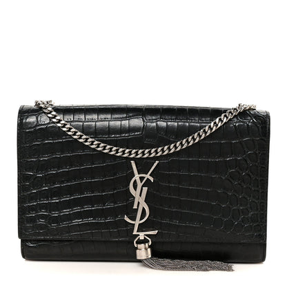 Calfskin Crocodile Embossed Medium Classic Monogram Kate Tassel Satchel Black