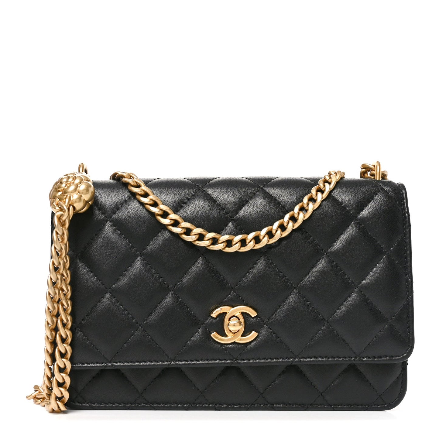 Lambskin Quilted Sweet Camellia Wallet on Chain WOC Black
