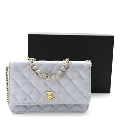 Lambskin Quilted Hearts CC Wallet On Chain WOC Light Blue
