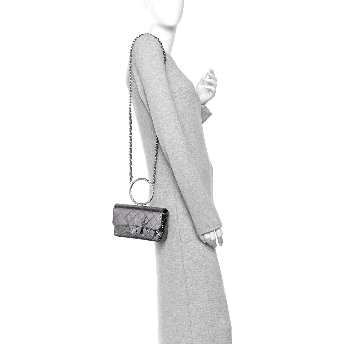 Crumpled Metallic Calfskin Quilted Ring Handle Mini Flap Silver