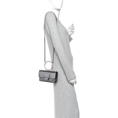 Crumpled Metallic Calfskin Quilted Ring Handle Mini Flap Silver